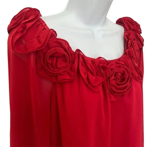 Leslie Fay Flower Rosette Trim Blouse 12 Red Sheer Sexy Romantic Cocktail Party - Picture 5 of 12